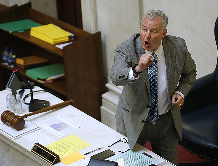 Lt. Gov. Tim Griffin talks about voting rules Wednesday during Senate debate over a bill to provide employee exemptions from covid-19 vaccination mandates. The bill was approved but lacked the votes for an emergency clause.
(Arkansas Democrat-Gazette/Thomas Metthe)