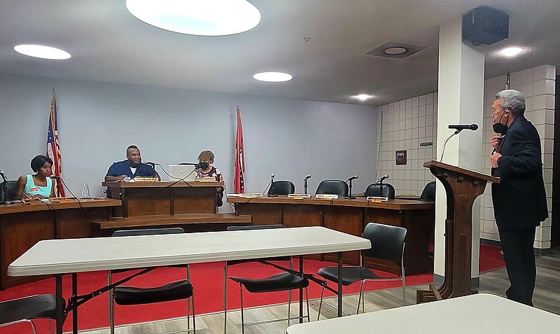 Pine Bluff Police Chief Lloyd Franklin Sr. (right) gives an update during the Public Safety Committee meeting Wednesday. 
(Pine Bluff Commercial/Eplunus Colvin)