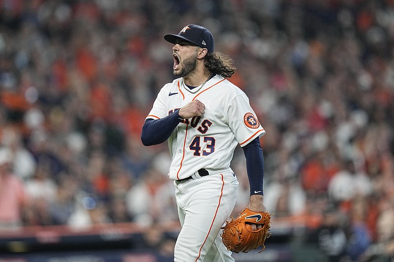 Houston Astros starting pitcher Lance McCullers Jr. reacts after getting Adam Engel of the Chicago White Sox to ground out to end the top of the fifth inning in Game 1 of an American League division series Thursday in Houston. The Astros won 6-1. More photos at arkansasonline.com/108soxastros/
(AP/David J. Phillip)