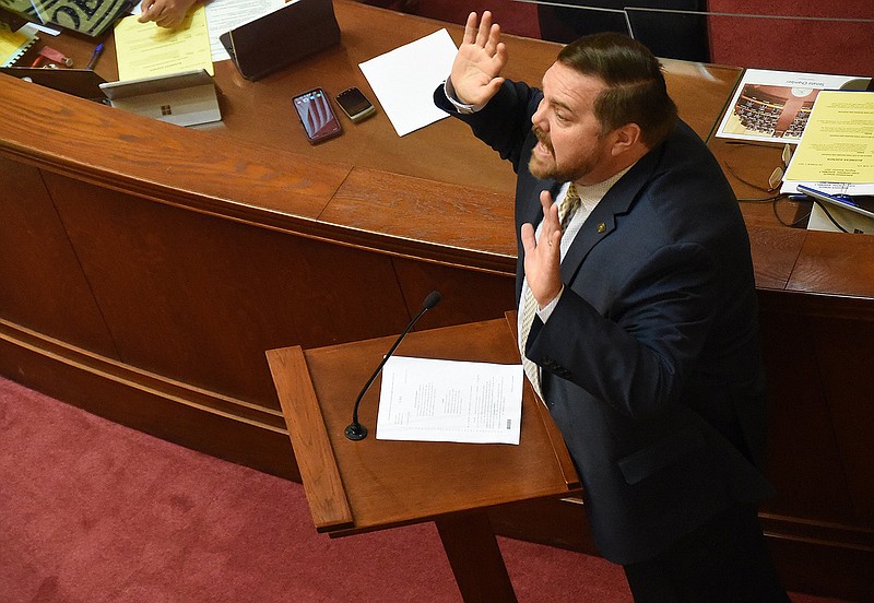 “There’s nothing that is driving my constituents crazy and causing fear from my constituents and hurting them as much as this issue,” Sen. Bob Ballinger said Thursday of employer vaccination requirements.
(Arkansas Democrat-Gazette/Staci Vandagriff)