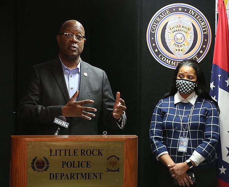 Little Rock Police Chief Keith Humphrey (left) holds a press conference at police headquarters in Little Rock in this Dec. 28, 2020, file photo as Assistant Chief Crystal Young Haskins looks on. (Arkansas Democrat-Gazette/Thomas Metthe)