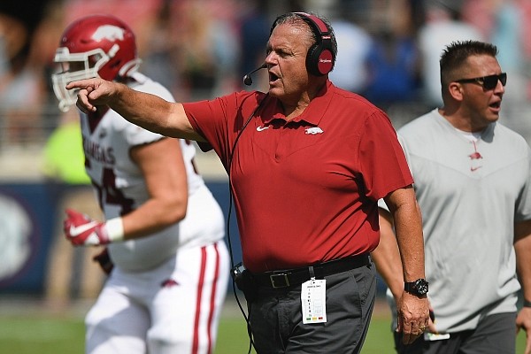 Arkansas coach Sam Pittman reacts on Saturday, Oct. 9, 2021 during the third quarter of a football game at Vaught-Hemingway Stadium in Oxford, Miss.