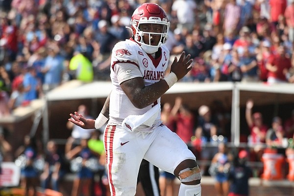 Arkansas quarterback KJ Jefferson (1) scores on Saturday, Oct. 9, 2021 during the fourth quarter of a football game at Vaught Hemingway Stadium in Oxford, Miss. Arkansas quarterback KJ Jefferson (1) scores on Saturday, Oct. 9, 2021 during the fourth quarter of a football game at Vaught Hemingway Stadium in Oxford, Miss.