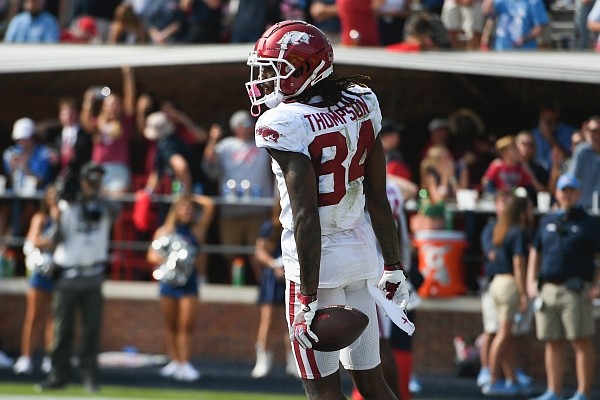 Arkansas receiver Warren Thompson reacts after making a catch against Ole Miss on Oct. 9, 2021 in Oxford, Miss. Arkansas receiver Warren Thompson reacts after making a catch against Ole Miss on Oct. 9, 2021 in Oxford, Miss.
