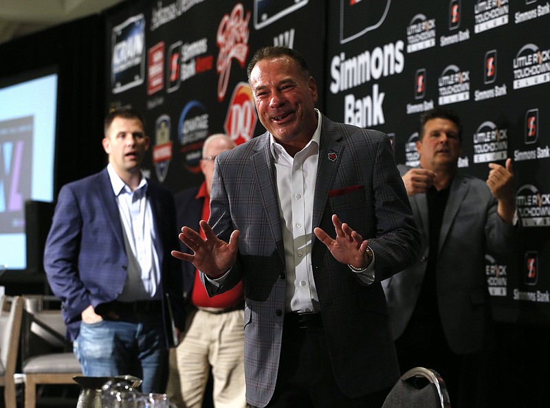 Arkansas State head coach Butch Jones talks with fans after speaking to the Little Rock Touchdown Club on Monday, Oct. 11, 2021, at the Doubletree Hotel in Little Rock. (Arkansas Democrat-Gazette/Thomas Metthe)