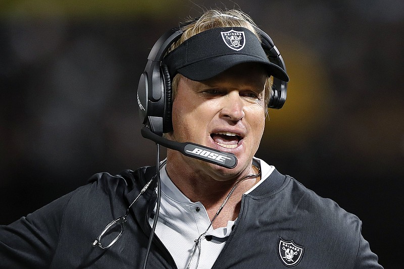 In this Aug. 10, 2018, file photo, Oakland Raiders coach Jon Gruden reacts during the first half of an NFL preseason football game against the Detroit Lions in Oakland, Calif. 
(AP Photo/John Hefti, File)