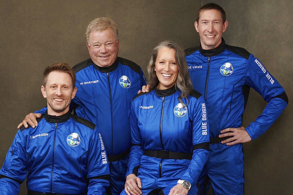 This undated photo made available by Blue Origin in October 2021 shows, from left, Chris Boshuizen, William Shatner, Audrey Powers and Glen de Vries. Their launch scheduled for Wednesday, Oct. 13, 2021 will be Blue Origin’s second passenger flight, using the same capsule and rocket that Jeff Bezos used for his own trup three months earlier. (Blue Origin via AP)