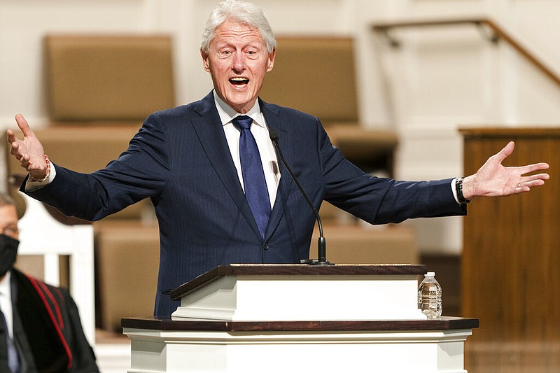 In this Jan. 27, 2021, file photo, former President Bill Clinton speaks during funeral services for Henry "Hank" Aaron, at Friendship Baptist Church in Atlanta. (Kevin D. Liles/Atlanta Braves via AP, Pool, File)