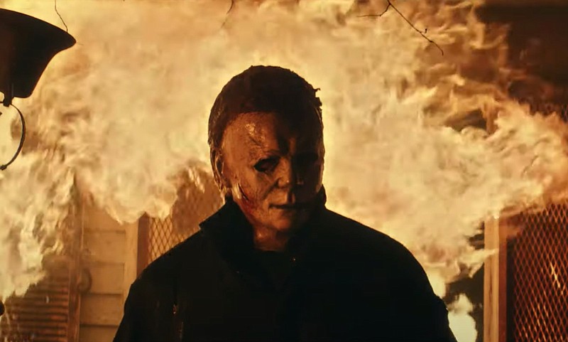 “Now, here I am, back out on the street, for the crime of having nowhere to go”: “The Shape,” aka Michael Myers (James Jude Courtney), returns in David Gordon Green’s “Halloween Kills,” now playing theatrically and streaming on Peacock.