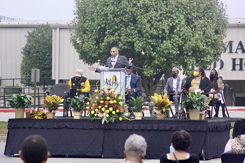Laurence B. Alexander, chancellor of UAPB, speaks during the alumni assembly Friday morning. The university held the event as part of homecoming festivities this week. 
(Pine Bluff Commercial/Eplunus Colvin)