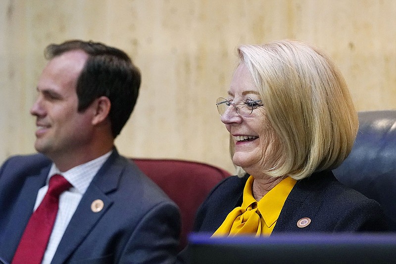 Arizona GOP state Sen. Warren Petersen and Arizona Senate President Karen Fann attend a Sept. 24 hearing on election audit results at the state Capitol in Phoenix. A judge found that the session “was much more akin to a press conference.”
(AP/Ross D. Franklin)