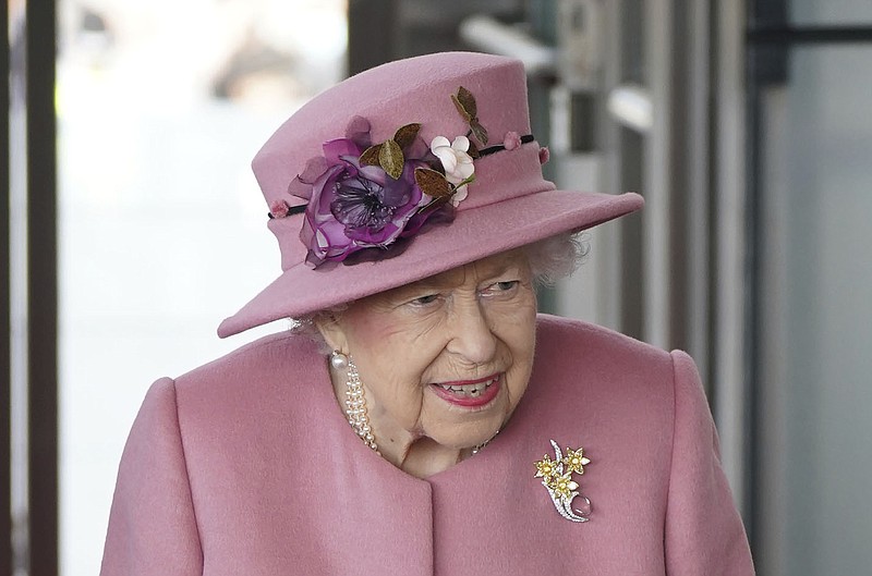 Britain's Queen Elizabeth II attends the opening ceremony of the sixth session of the Senedd in Cardiff, Wales, Thursday Oct. 14, 2021. (Jacob King/PA via AP)