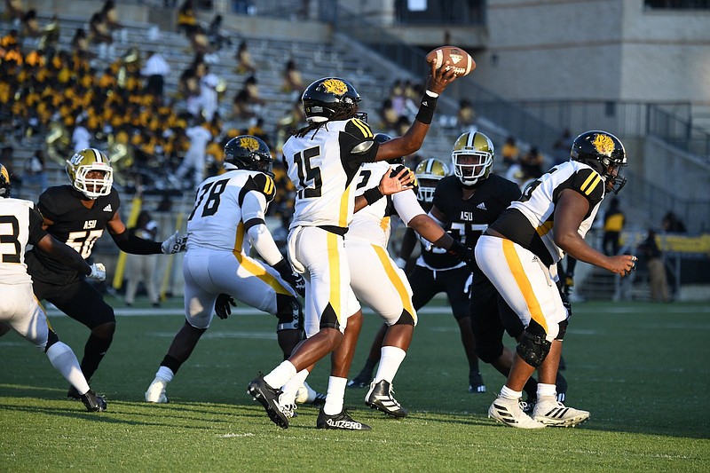 UAPB backup quarterback Xzavier Vaughn drops back for a pass Oct. 9 against Alabama State in Montgomery. The Golden Lions will face off against Southern at 2 p.m. today at Simmons Bank Field. 
(Special to The Commercial/Brian Tannehill)