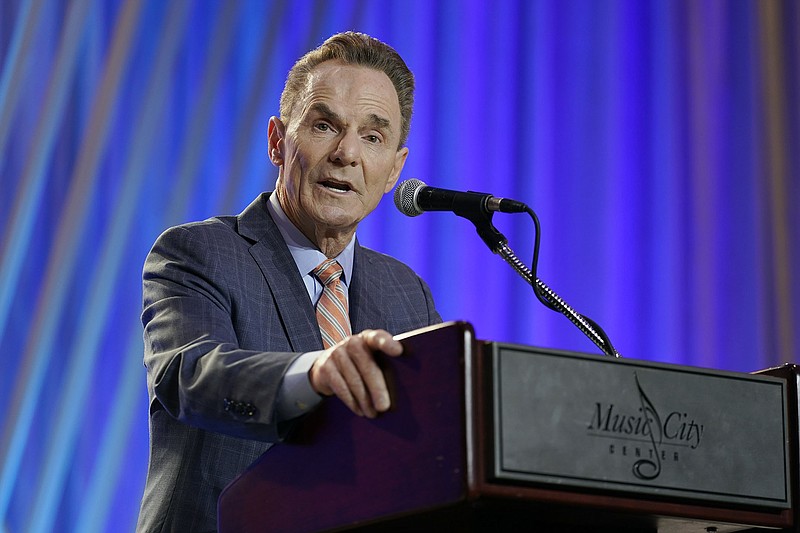 Dr. Ronnie Floyd, president and CEO of the executive committee of the Southern Baptist Convention, speaks during the executive committee plenary meeting at the denomination's annual meeting Monday, June 14, 2021, in Nashville, Tenn. (AP Photo/Mark Humphrey)