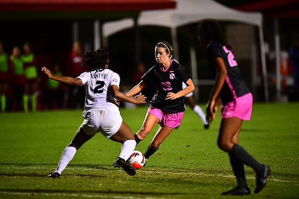 FILE — Arkansas' Kayla McKeon (12) moves the ball during a game against Missouri in Fayetteville in this Oct. 15, 2021 file photo.