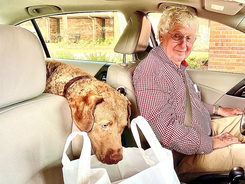 Bill Sneed’s Chesapeake Bay retriever, Milo, is interested in Sneed’s dinner prepared by St. Mark’s Episcopal Church in Little Rock. The parish held its annual Shrimp Boil on Oct.9, raising money for St. Francis House.
(Arkansas Democrat-Gazette/Frank E. Lockwood)