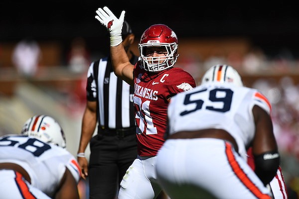 Arkansas linebacker Grant Morgan (31) is shown during a game against Auburn on Saturday, Oct. 16, 2021, in Fayetteville.
