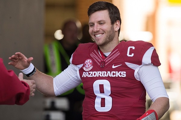 FILE — Austin Allen is shown during recognition of senior players before a game against Missouri Friday, Nov. 24, 2017, at Reynolds Razorback Stadium in Fayetteville.