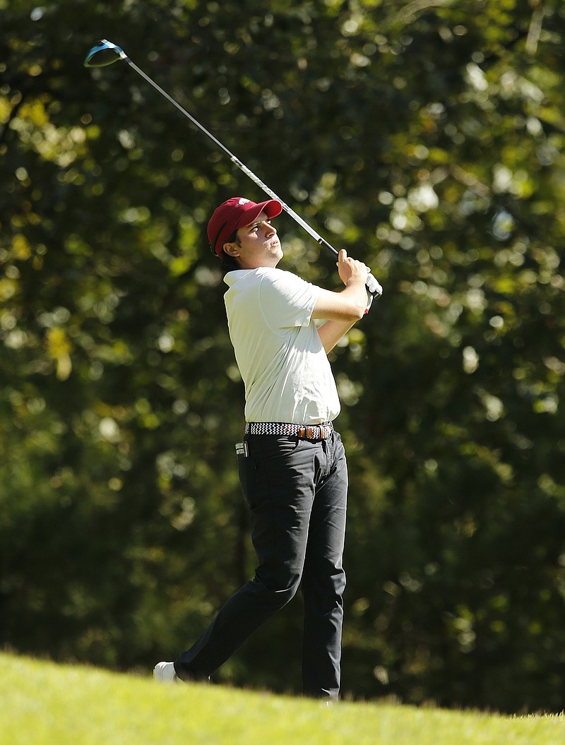 Arkansas' Mateo Fernandez De Oliveira tees off on the seventh hole during the first round of the Jack Stephens Cup golf tournament on Monday, Oct. 18, 2021, at The Alotian Club. .More photos at www.arkansasonline.com/1019stephens/.(Arkansas Democrat-Gazette/Thomas Metthe)