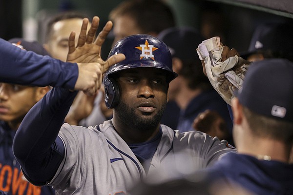 Houston, USA. 14th Oct, 2021. Houston Astros starting pitcher Framber Valdez  (59) speaks during the press conference on workout day before game one of  the ALCS against Boston Red Sox in Houston