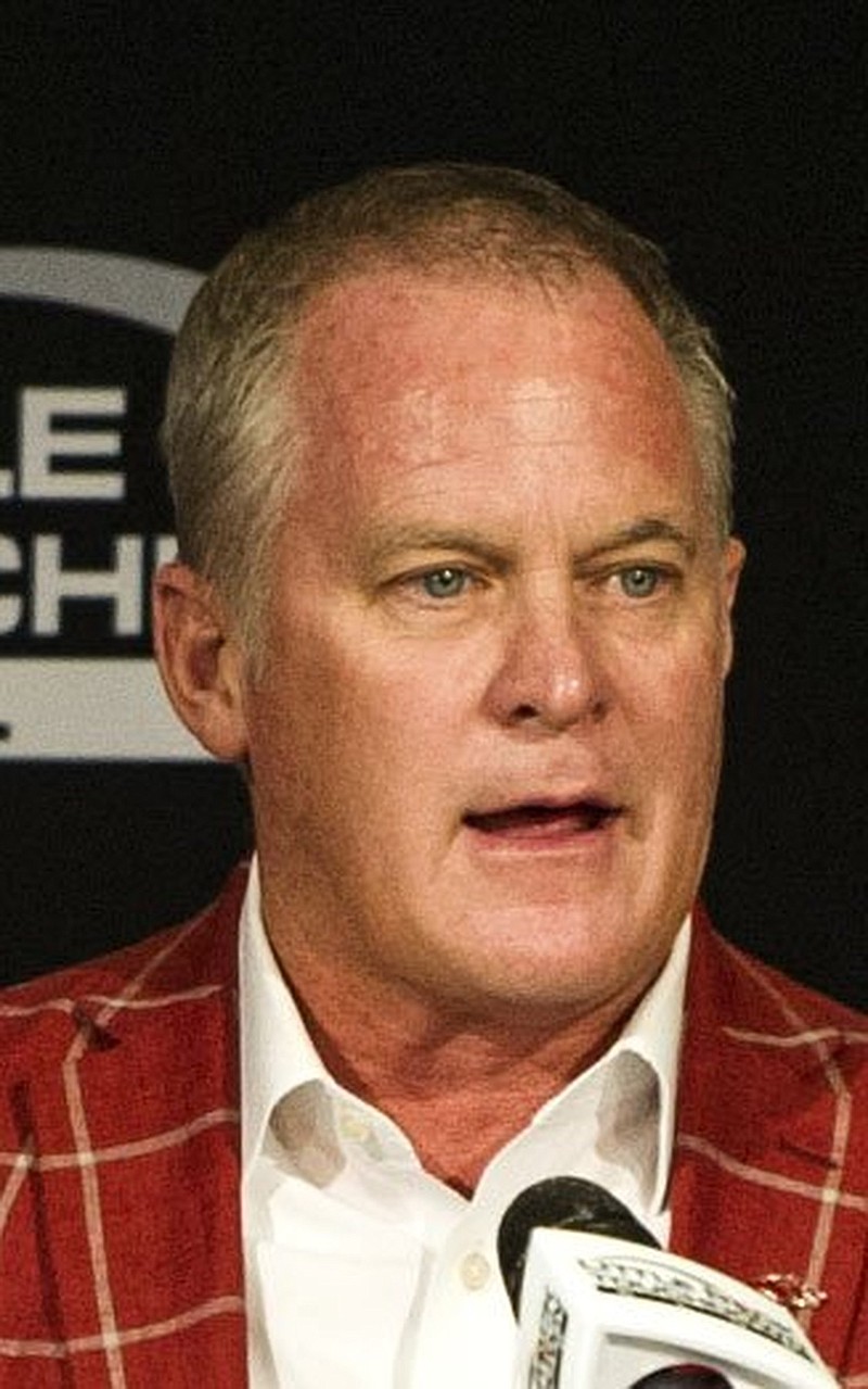 Hunter Yurachek, Arkansas Athletic Director, speaks at the Little Rock Touchdown Club at the Doubletree Hotel on Monday, Sept. 27, 2021...(Arkansas Democrat-Gazette/Stephen Swofford)