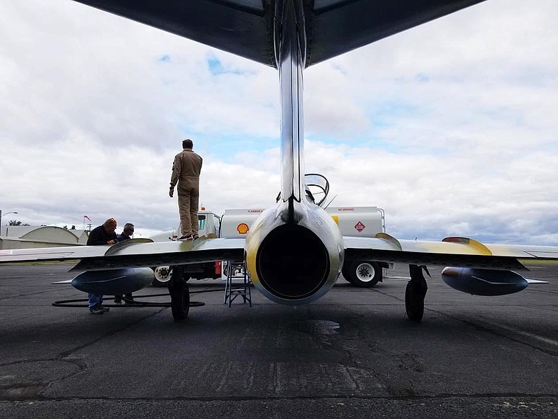 A Grider Field line crew attends to a Russian MIG 15 that stopped for fuel. The Pine Bluff Regional Airport is close to finishing renovations thanks in part to the American Rescue Plan, which helped fund the $2 million project. 
(Special to the Commercial)