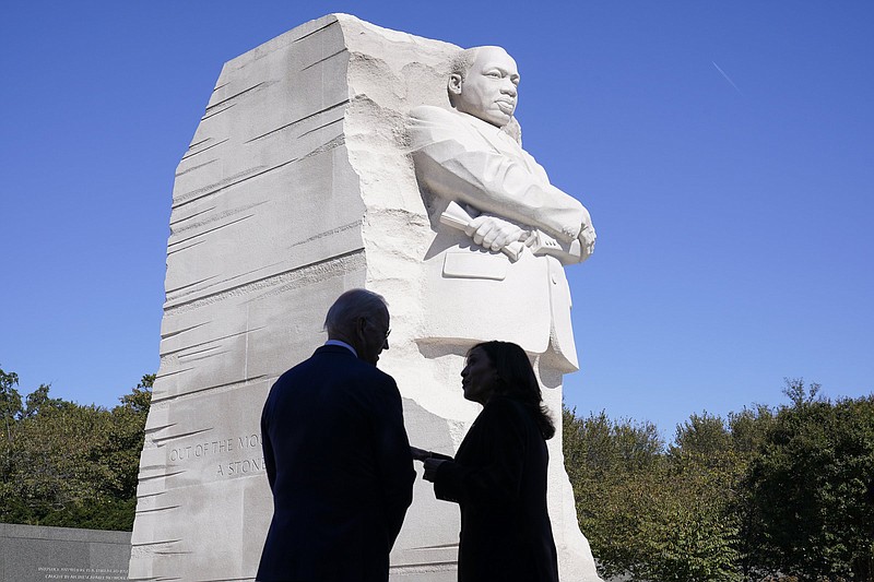 President Joe Biden and Vice President Kamala Harris stand before the Martin Luther King, Jr. Memorial before an event marking the 10th anniversary of the national memorial’s dedication in Washington on Thursday.
(AP Photo/Susan Walsh)