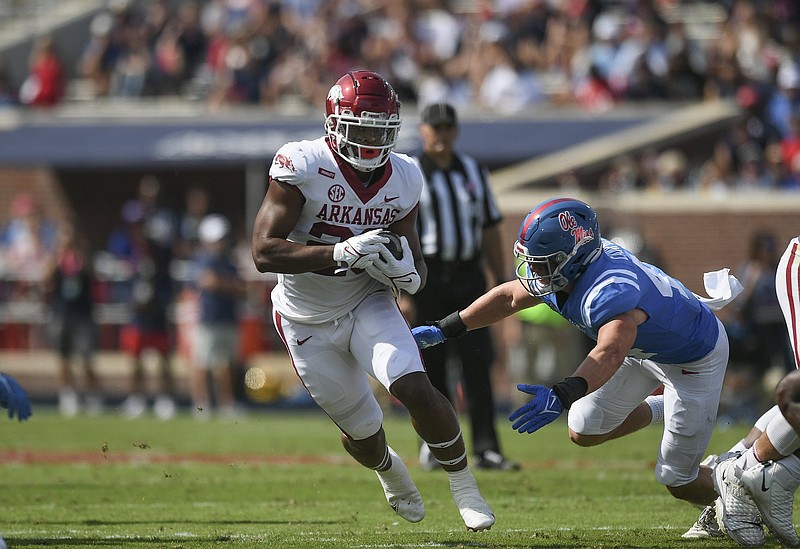 Arkansas sophomore running back Dominique Johnson has rushed for 218 yards and 4 touchdowns on 33 carries this season. Razorbacks Coach Sam Pittman has indicated he would like to see Johnson’s carries increase.
(NWA Democrat-Gazette/Charlie Kaijo)
