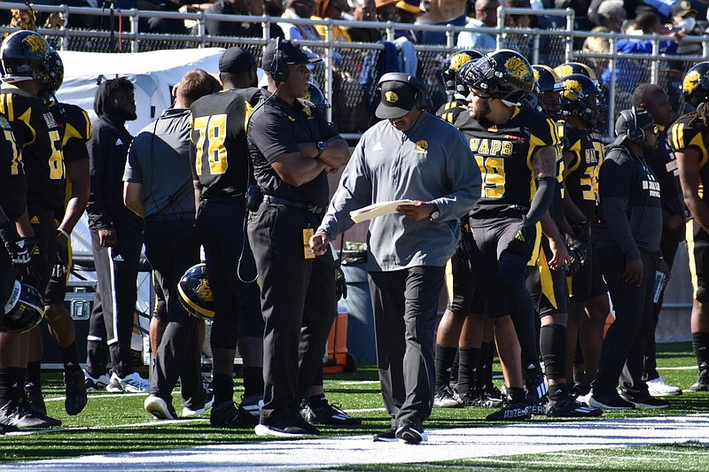 UAPB Coach Doc Gamble paces the sideline during an Oct. 16 home against Southern. Gamble is hoping his team can clean up play in the first football game the University of Arkansas has ever played against an opponent from within the state. 
(Pine Bluff Commercial/I.C. Murrell)
