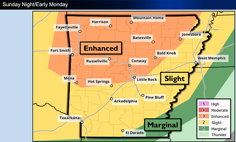 A cold front moving through the state will bring chances for severe thunderstorms Sunday night, according to the National Weather Service. (Courtesy of the National Weather Service)