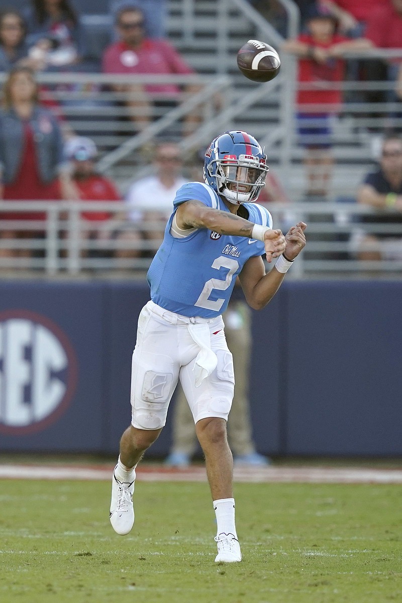 Matt Corral completed 18 of 23 passes for 185 yards and a touchdown to help lead No. 12 Mississippi to a 31-17 victory over LSU on Saturday at Vaught-Hemingway Stadium in Oxford, Miss.
(AP/Rogelio V. Solis)