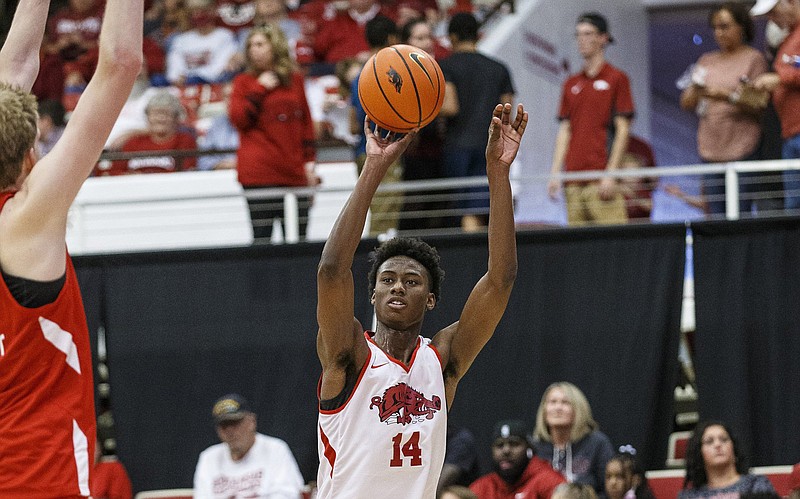 Jaxson Robinson’s first time on the court for Arkansas, albeit in an exhibition, will be Sunday against East Central (Okla.), a Division II school located in his hometown of Ada, Okla.
(Special to the Democrat-Gazette/David Beach)