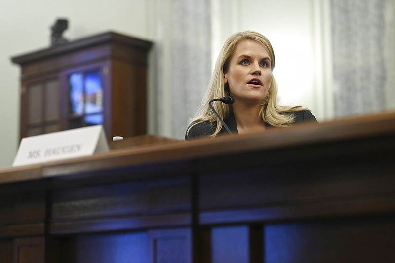 Former Facebook data scientist Frances Haugen speaks during a hearing of the Senate Commerce, Science, and Transportation Subcommittee on Consumer Protection, Product Safety, and Data Security, on Capitol Hill in Washington in this Tuesday, Oct. 5, 2021 file photo. (Matt McClain/The Washington Post via AP)