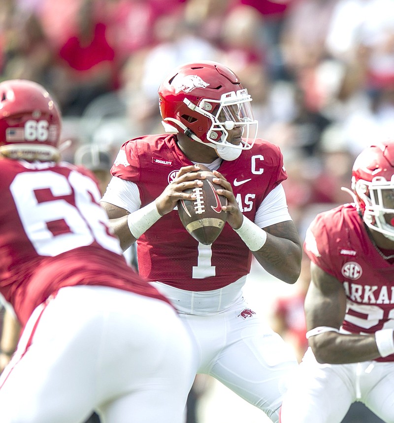 Arkansas quarterback KJ Jefferson, who threw for four touchdowns in Saturday’s 45-3 victory over Arkansas-Pine Bluff, said the bye week the Razorbacks have before a Nov. 6 matchup with Mississippi State “is going to get us right mentally and physically.”
(Arkansas Democrat-Gazette/Stephen Swofford)