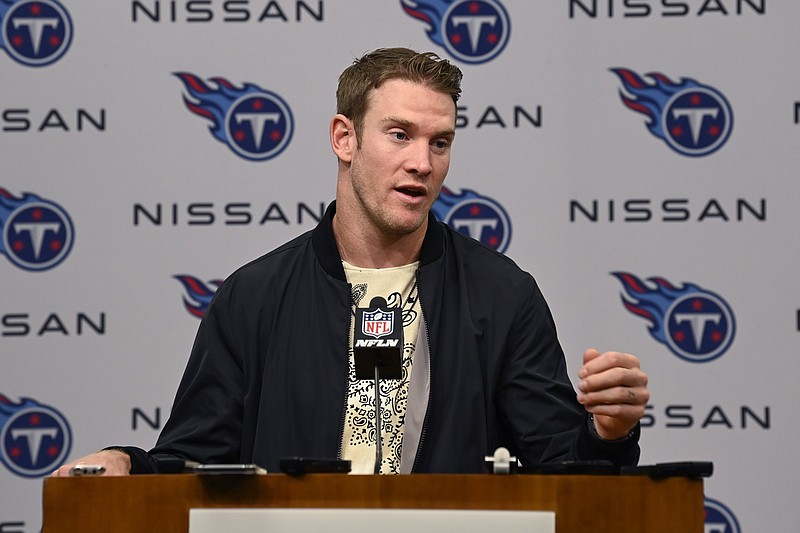 Tennessee Titans quarterback Ryan Tannehill answers questions after an NFL football game against the Kansas City Chiefs Sunday, Oct. 24, 2021, in Nashville, Tenn. The Titans won 27-3. (AP Photo/Mark Zaleski)