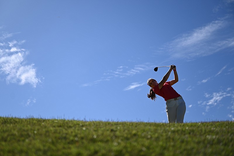 FILE -- Arkansas' Miriam Ayora tees off the 11th hole on the second day of the Jackson T Stephens Cup at the Alotian Golf Course in Little Rock on Tuesday, Oct. 19, 2021. (Arkansas Democrat-Gazette/Stephen Swofford)