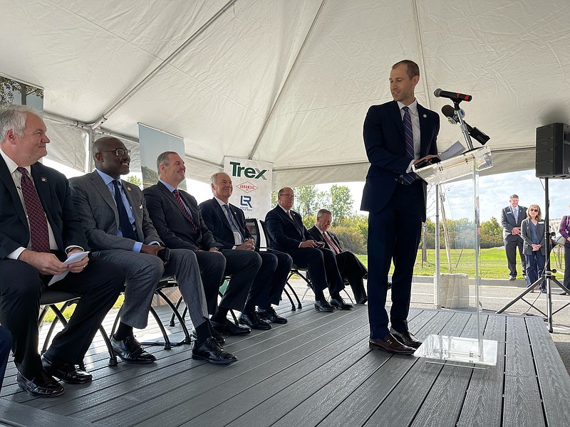 Secretary of Commerce Mike Preston addresses the audience during an announcement that Trex will be building a new production site in Little Rock on Tuesday, October 26, 2021. (Arkansas Democrat-Gazette/Stephen Swofford)