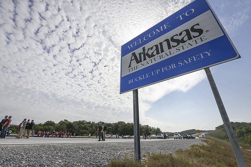 FILE — A sign along the Interstate 49 Bella Vista Bypass near Hiwasse is shown in this 2021 file photo. (NWA Democrat-Gazette/Charlie Kaijo)