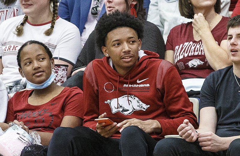 North Little Rock’s Nick Smith watches Arkansas’ Red-White Game from the stands in Fayetteville on Oct. 17. Smith, a 5-star recruit who has committed to play at Arkansas, had his eligibility for his senior season restored Wednesday.
(Special to the NWA Democrat-Gazette/David Beach)