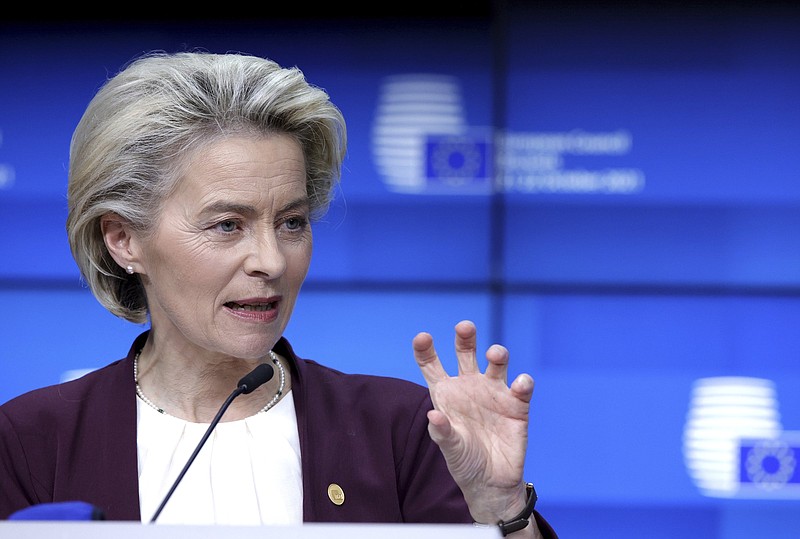 European Commission President Ursula von der Leyen speaks Friday during a media conference at an EU summit in Brussels.
(AP/Olivier Matthys)