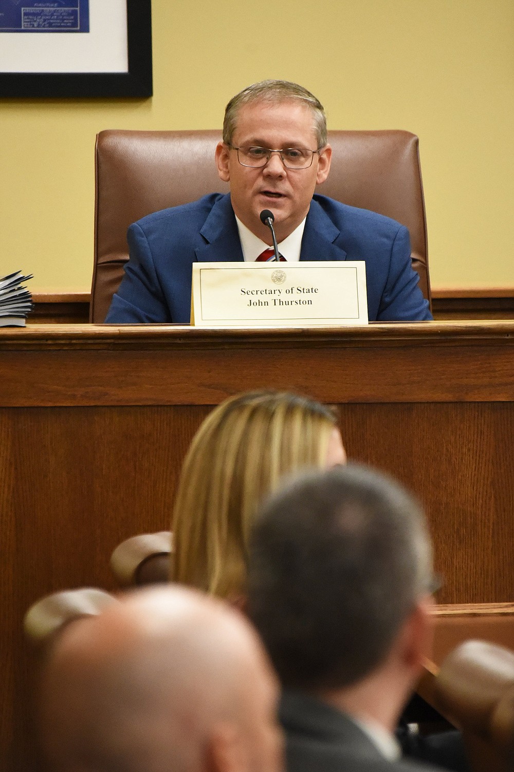 Secretary of State John Thurston speaks during the Arkansas Board of Apportionment meeting Friday at the state Capitol. The board consists of Gov. Asa Hutchinson, Attorney General Leslie Rutledge and Thurston.
(Arkansas Democrat-Gazette/Staci Vandagriff)