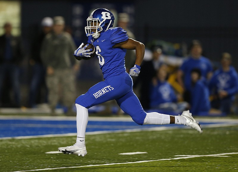 Bryant wide receiver Jordan Knox (6) runs the ball during the second quarter of the Hornets' 24-12 win on Friday, Oct. 29, 2021, at Hornet Stadium in Bryant. (Arkansas Democrat-Gazette/Thomas Metthe)