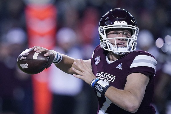 Mississippi State quarterback Will Rogers (2) passes against Kentucky during the first half of an NCAA college football game in Starkville, Miss., Saturday, Oct. 29, 2021. Mississippi won 31-17. (AP Photo/Rogelio V. Solis)