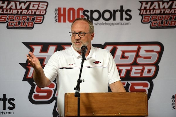 Arkansas coach Mike Neighbors speaks to the Hawgs Illustrated Sports Club on Wednesday, Oct. 20, 2021, in Fayetteville.