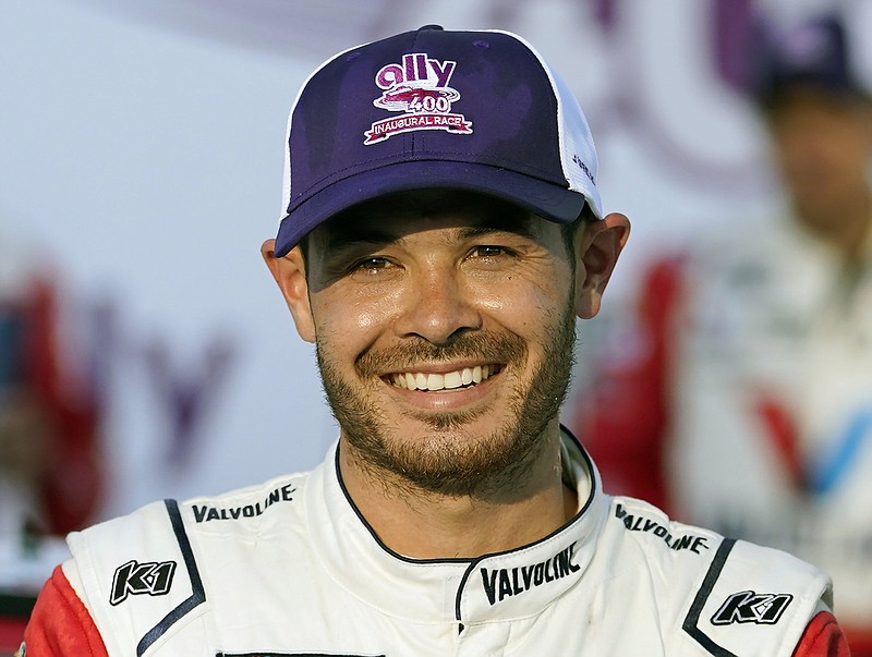 Kyle Larson (5) poses in victory lane after winning a NASCAR Cup Series auto race at Nashville Superspeedway, Sunday, June 20, 2021, in Lebanon, Tenn. 
(AP Photo/Mark Humphrey, File)