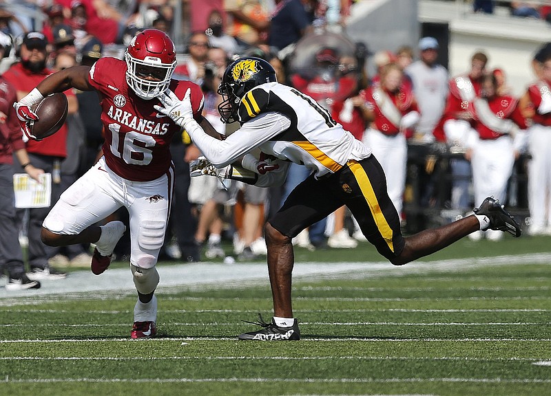 Arkansas wide receiver Treylon Burks has been projected as an NFL first-round draft choice by several publications. “Really, I want to play for Arkansas, and that’s who I’m playing for right now,” he said.
(Arkansas Democrat-Gazette/Thomas Metthe)