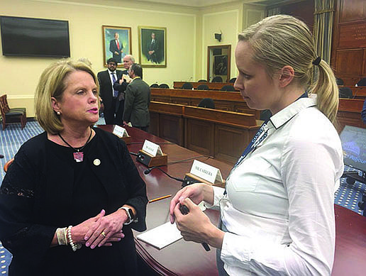 Becky Keogh, director of Arkansas Department of Environmental Quality, testified on Capitol Hill on Tuesday, May 23, 2017. She criticized the EPA's  treatment of states. Here she speaks with a reporter, Niina Heikkinen, after the hearing concluded.