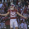 Arkansas kicker Cam Little (29) celebrates a field goal during a game against Mississippi State on Saturday, Nov. 6, 2021, in Fayetteville.