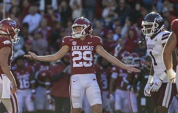 Arkansas kicker Cam Little (29) celebrates a field goal during a game against Mississippi State on Saturday, Nov. 6, 2021, in Fayetteville.