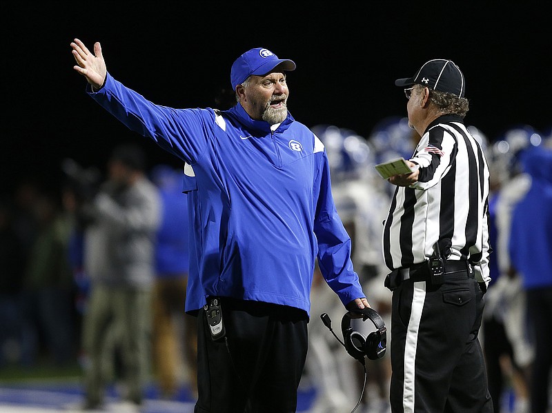 Bryant head coach Buck James discusses a call with an official during the third quarter of Bryant's 32-29 win on Friday, Nov. 5, 2021, at John McConnell Stadium in Conway. .(Arkansas Democrat-Gazette/Thomas Metthe)